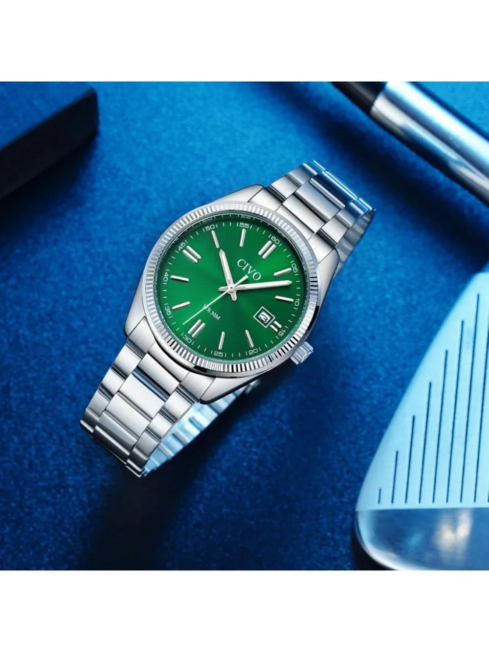 Men Silver Green Analog Quartz Skeleton Stainless Steel Round Casual Wrist Watch